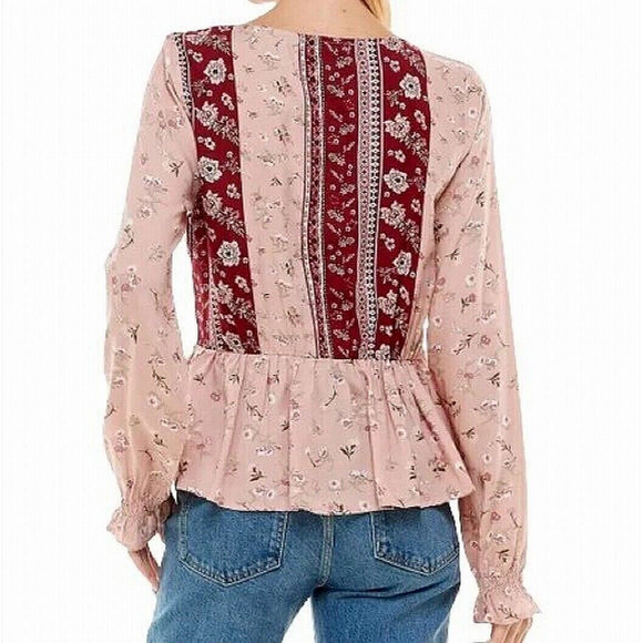 Derek Heart Juniors Boho Floral Peasant Blouse Top V-Neck Sz Medium Pink NWT - Picture 3 of 3